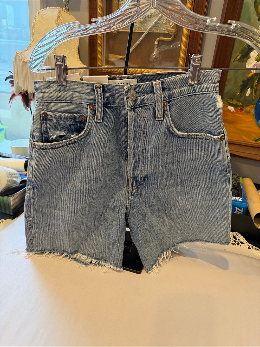 Agolde Light Wash High-Rise Frayed Cutoff Jean Shorts Riley NWT size 23
